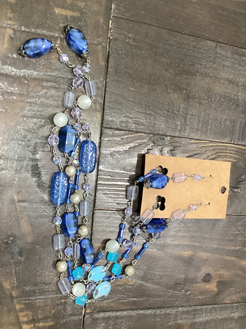 Multi-Strand Blue Beaded Statement Necklace and Earring Set